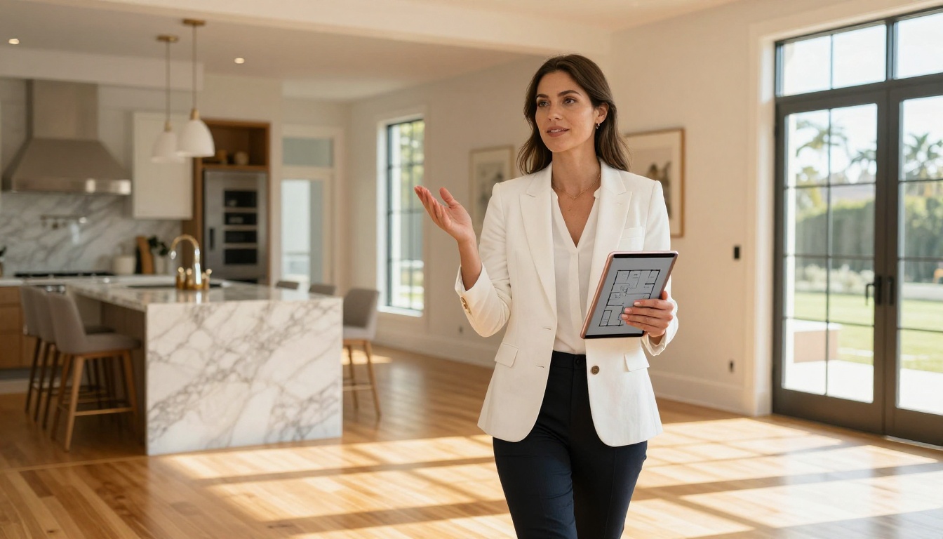 Real estate agent presenting flipbook on tablet inside sunlit luxury home interior