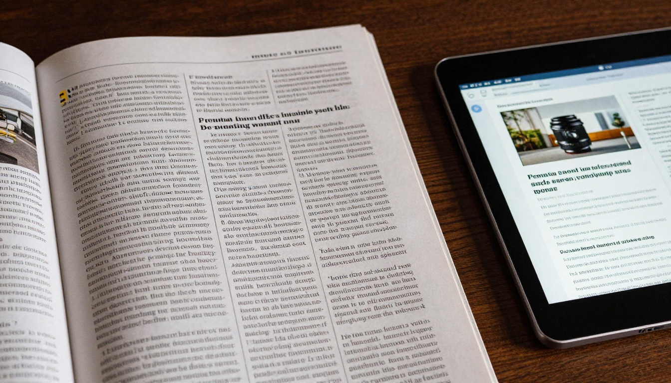 Close-up macro comparison of a printed magazine page next to a tablet displaying the same content as a digital flipbook Close-up macro comparison of a printed magazine page next to a tablet displaying the same content as a digital flipbook