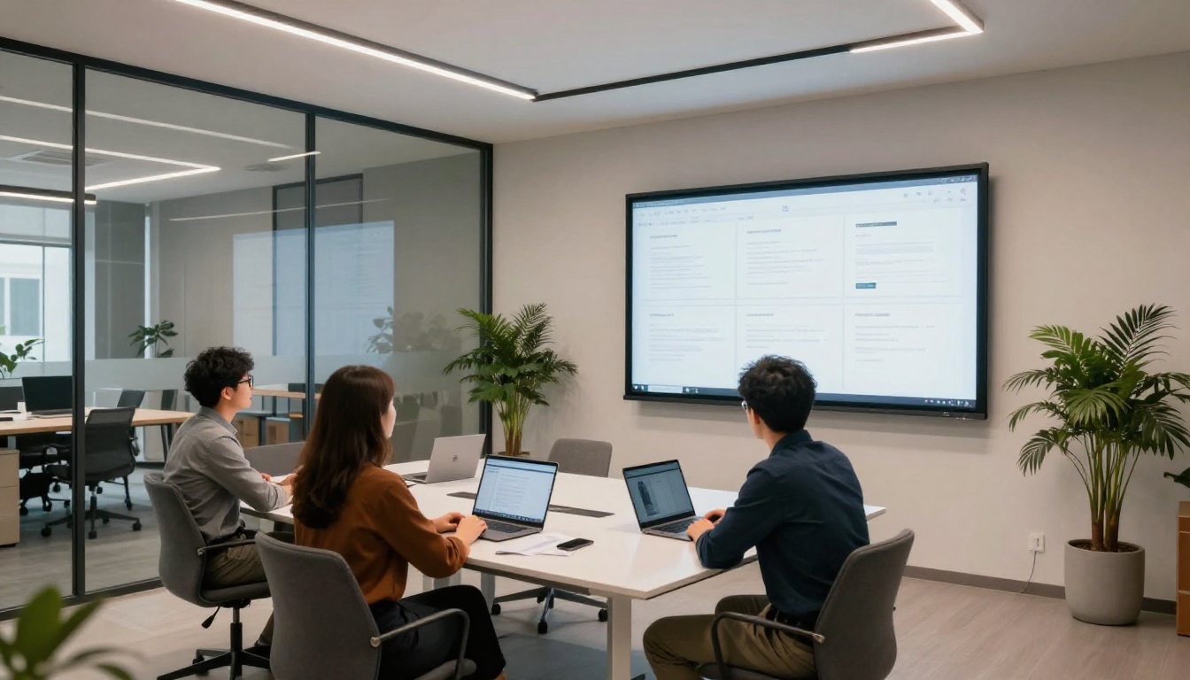 Creative agency team reviewing a portfolio flipbook on a large conference room monitor