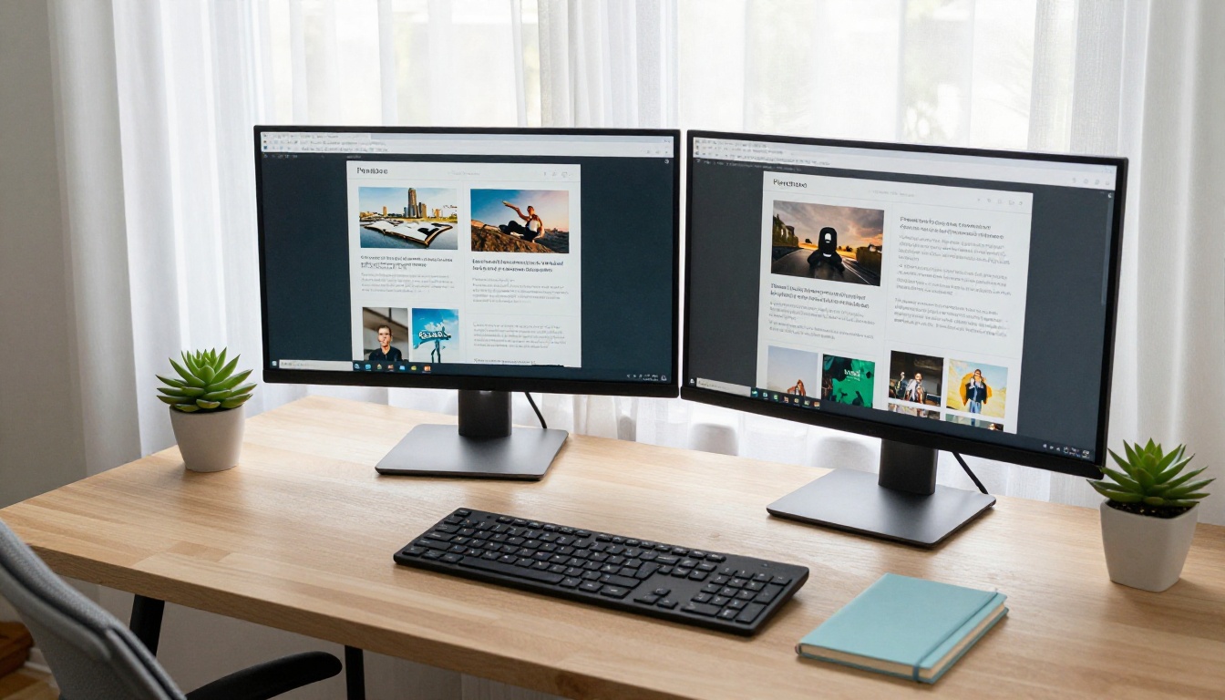 A well-organized home office workspace with a dual-monitor desktop showing digital publications side by side A well-organized home office workspace with a dual-monitor desktop showing digital publications side by side