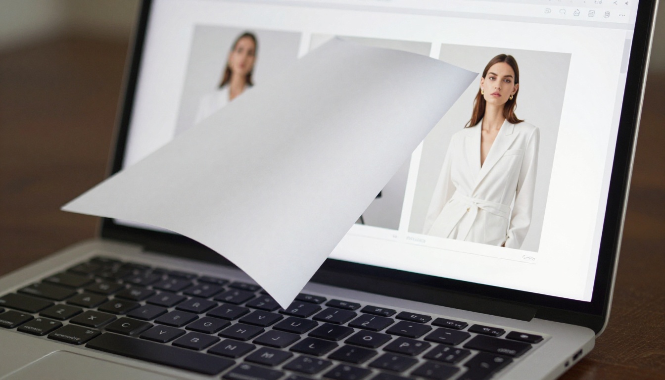 Close-up of a laptop screen displaying an elegant portfolio flipbook with a page mid-turn
