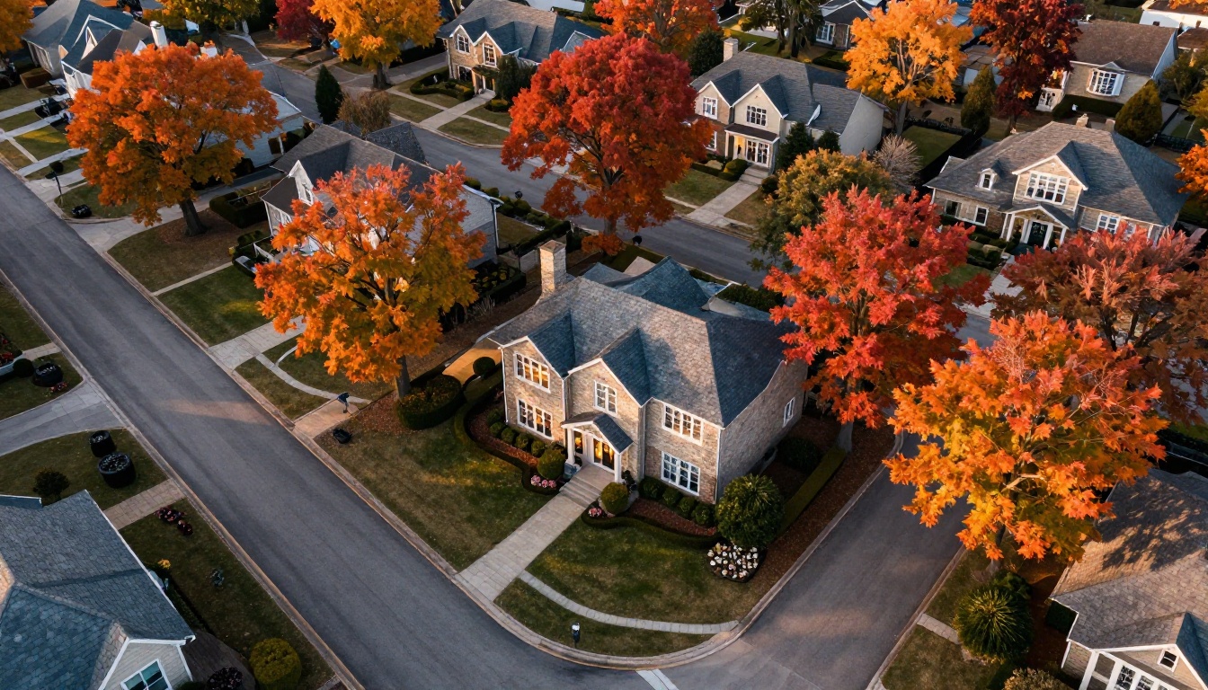 Aerial drone view of upscale suburban neighborhood with vivid autumn foliage