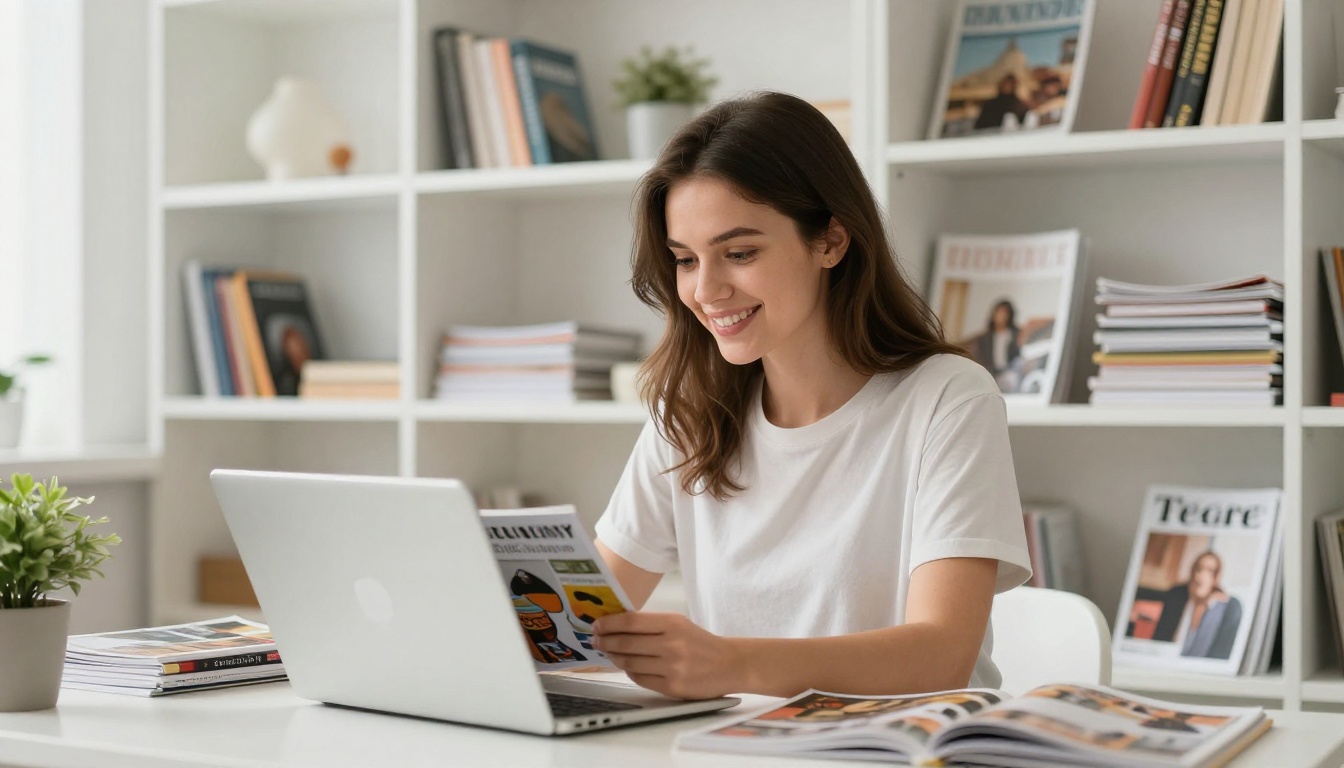 Young woman smiling while scrolling through a colorful digital magazine on her laptop surrounded by printed issues Young woman smiling while scrolling through a colorful digital magazine on her laptop surrounded by printed issues