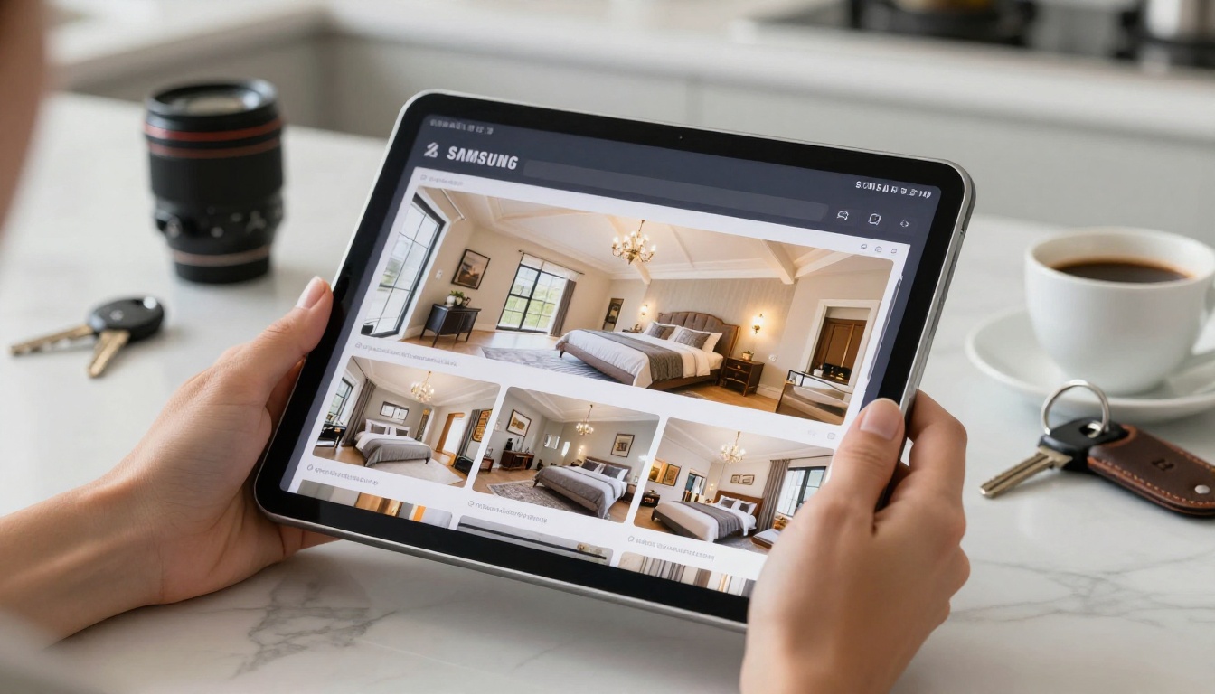 Close-up of hands holding tablet showing property listing flipbook mid-turn
