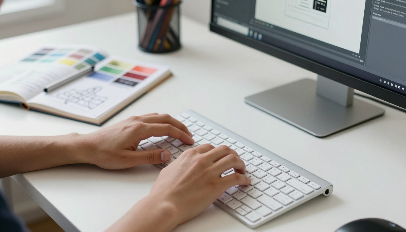 Graphic designer hands working at an organized creative workspace with color swatches and a sketchbook