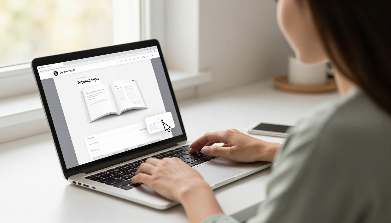 A woman uploading a PDF to a flipbook converter on her MacBook at a bright kitchen counter A woman uploading a PDF to a flipbook converter on her MacBook at a bright kitchen counter