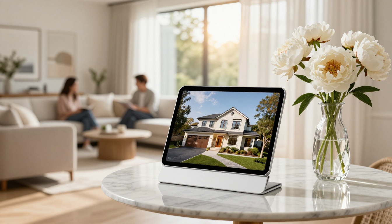 Elegant iPad on stand at real estate open house with white flowers and bright interior