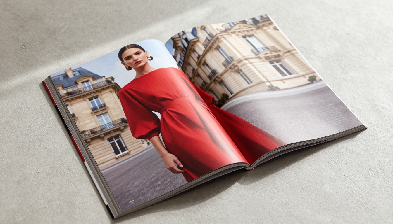 Aerial close-up of a fashion magazine editorial spread with model in red gown on concrete surface Aerial close-up of a fashion magazine editorial spread with model in red gown on concrete surface