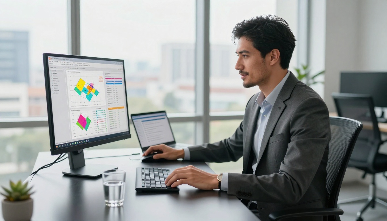 Professional male real estate agent reviewing property analytics and lead data on ultrawide monitor