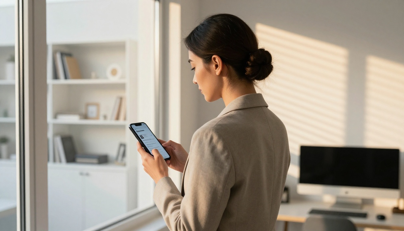 Professional woman opening a portfolio link notification on her smartphone by a sunny window