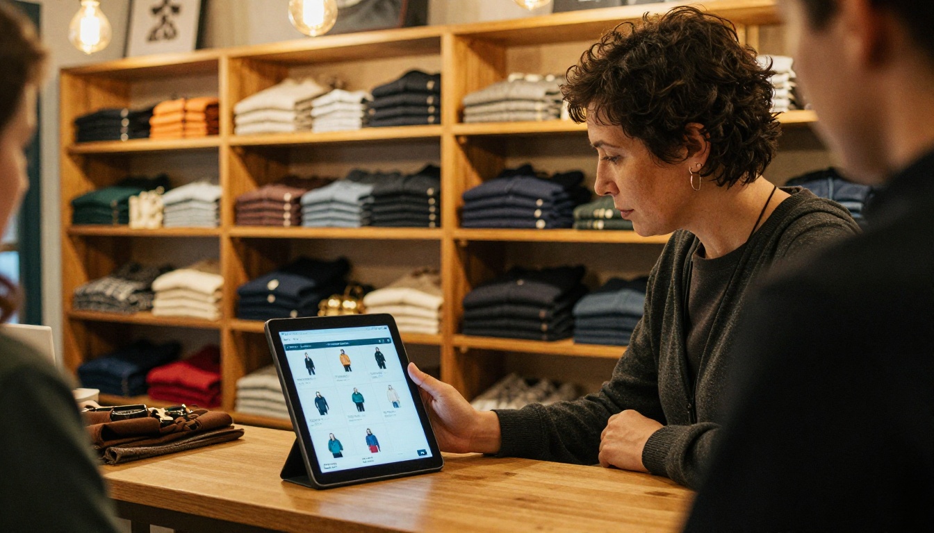 A small business owner showing a digital product catalog to a customer in her warmly lit boutique shop A small business owner showing a digital product catalog to a customer in her warmly lit boutique shop