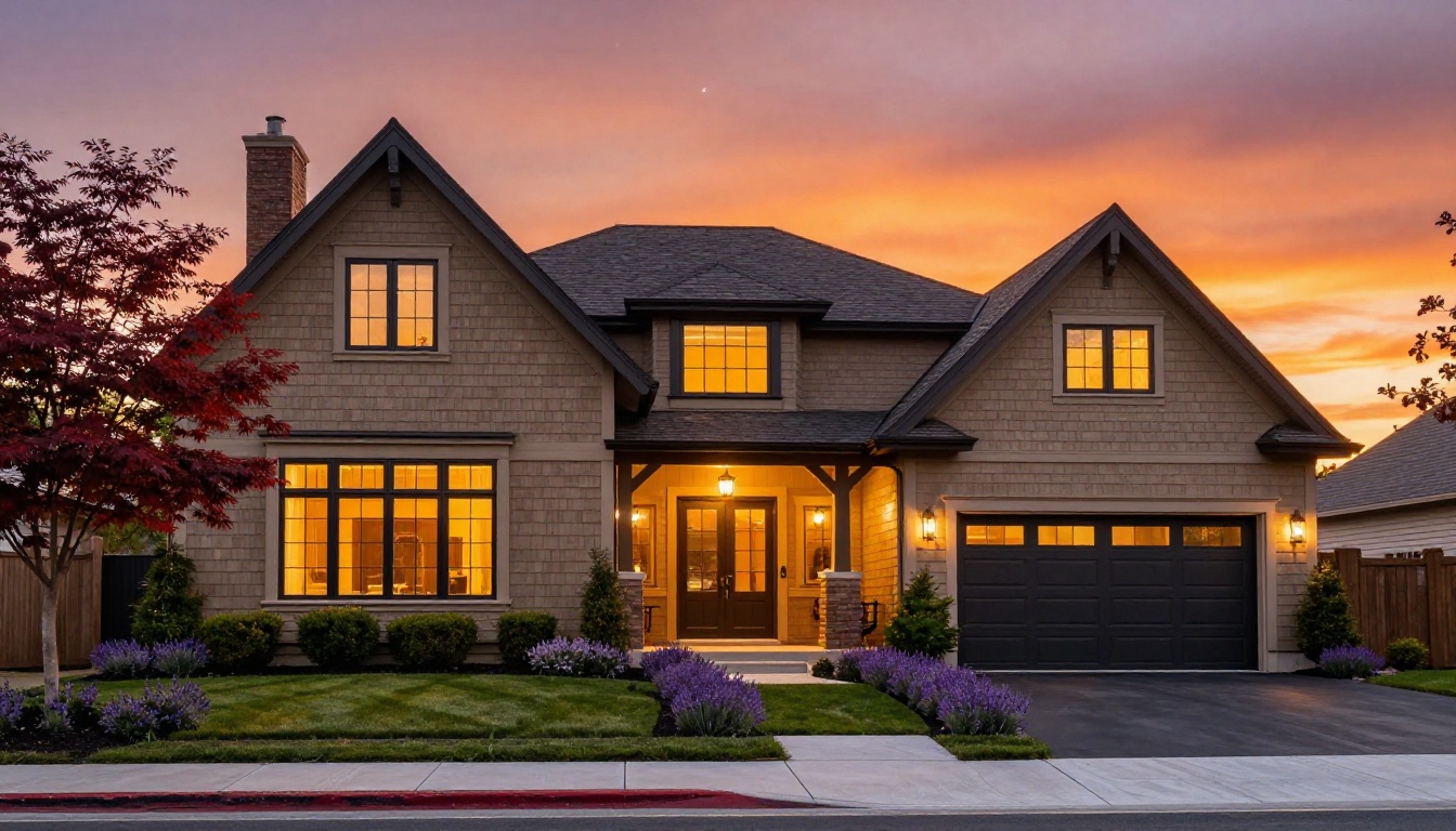 Stunning craftsman-style luxury home exterior photographed at golden hour with dramatic violet sky