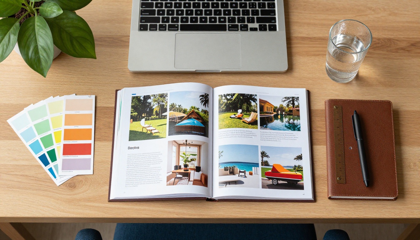 Overhead flat-lay of a creative desk with printed portfolio materials and a laptop showing a flipbook