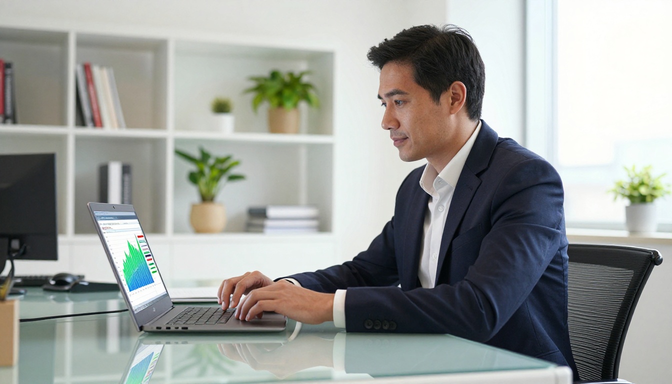 Marketing professional reviewing click-through analytics on laptop in modern bright office Marketing professional reviewing click-through analytics on laptop in modern bright office