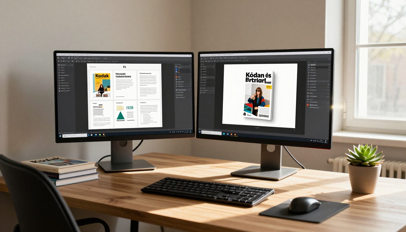 Dual monitor setup in a creative office showing a PDF to flipbook conversion interface and live interactive magazine preview Dual monitor setup in a creative office showing a PDF to flipbook conversion interface and live interactive magazine preview