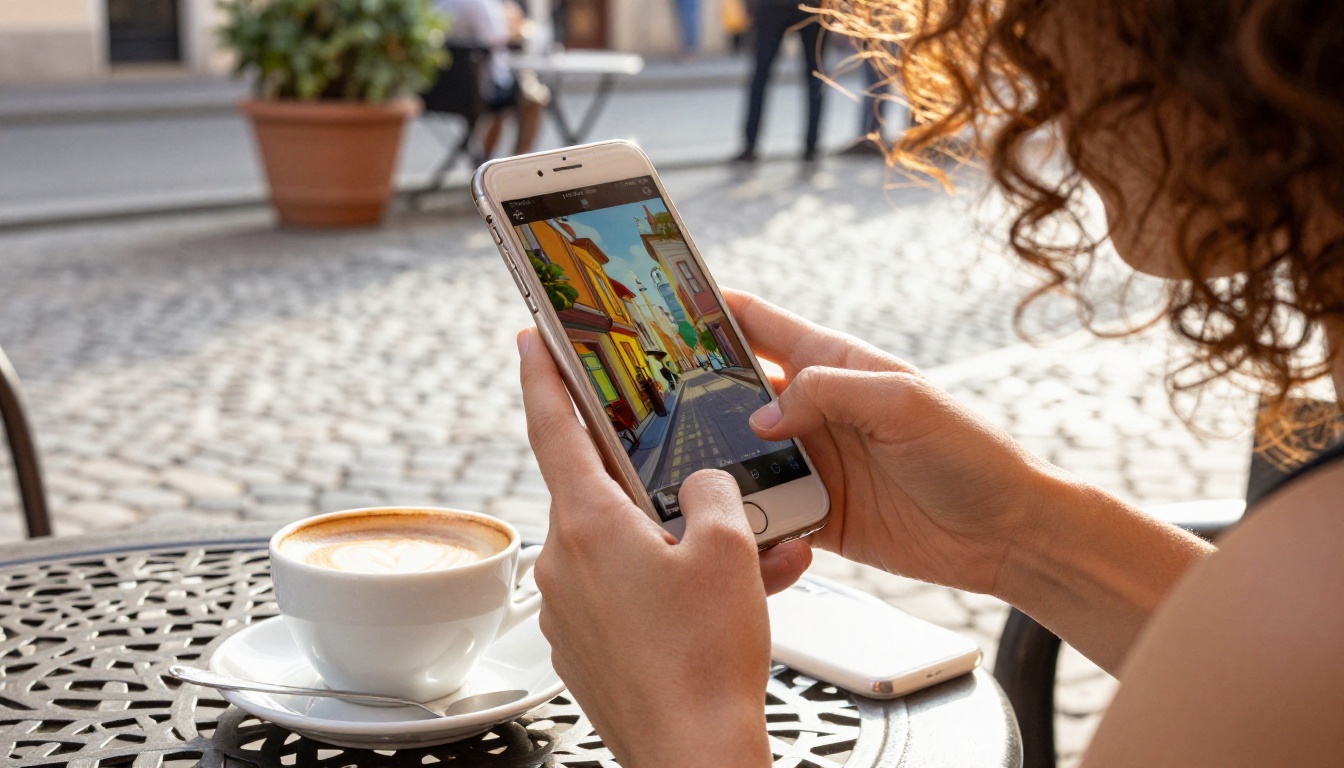 Young woman with curly hair reading a colorful animated flipbook on smartphone at outdoor cafe terrace Young woman with curly hair reading a colorful animated flipbook on smartphone at outdoor cafe terrace