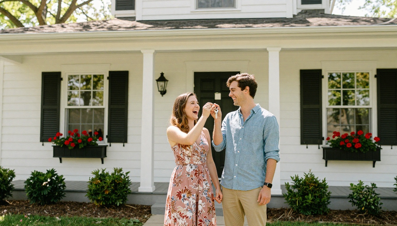 Young couple genuinely laughing and holding house keys on front porch of new cape cod home