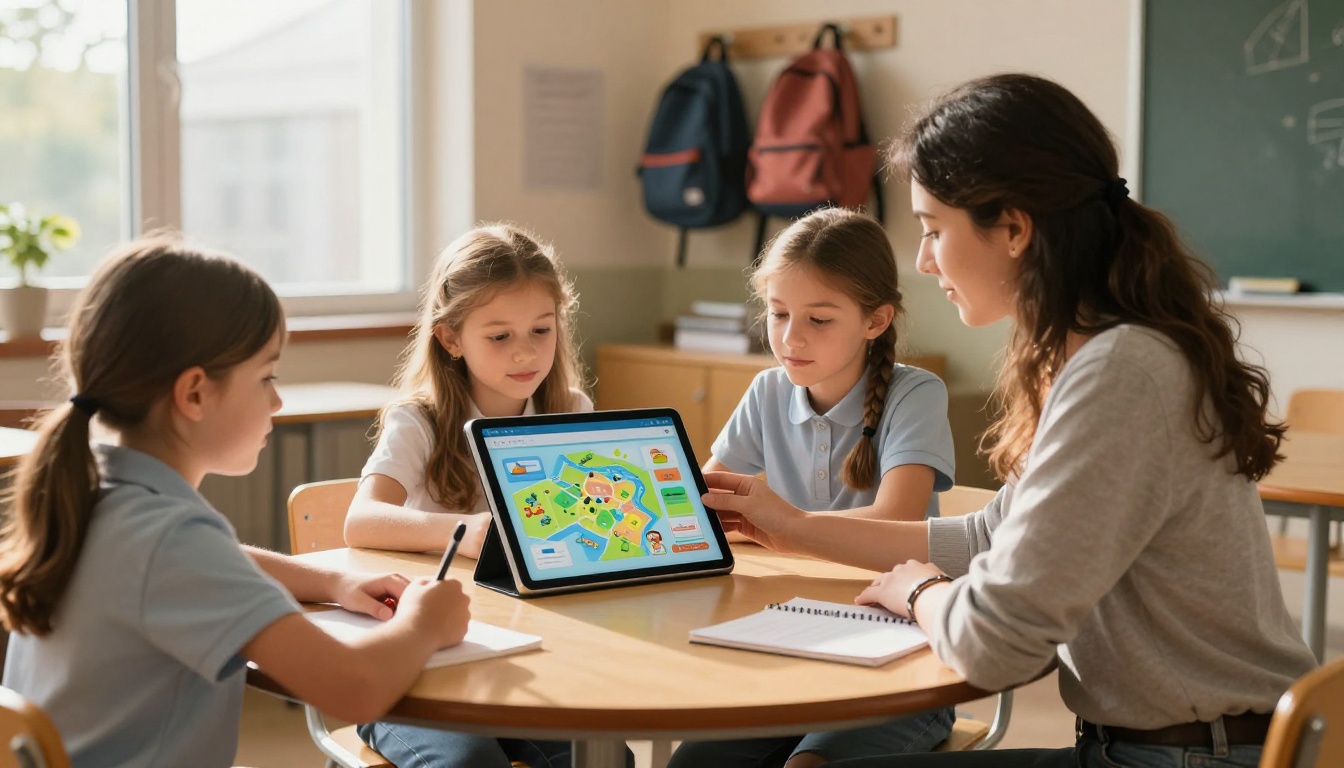 A teacher and students gathered around a tablet showing an interactive digital educational flipbook in a sunny classroom A teacher and students gathered around a tablet showing an interactive digital educational flipbook in a sunny classroom