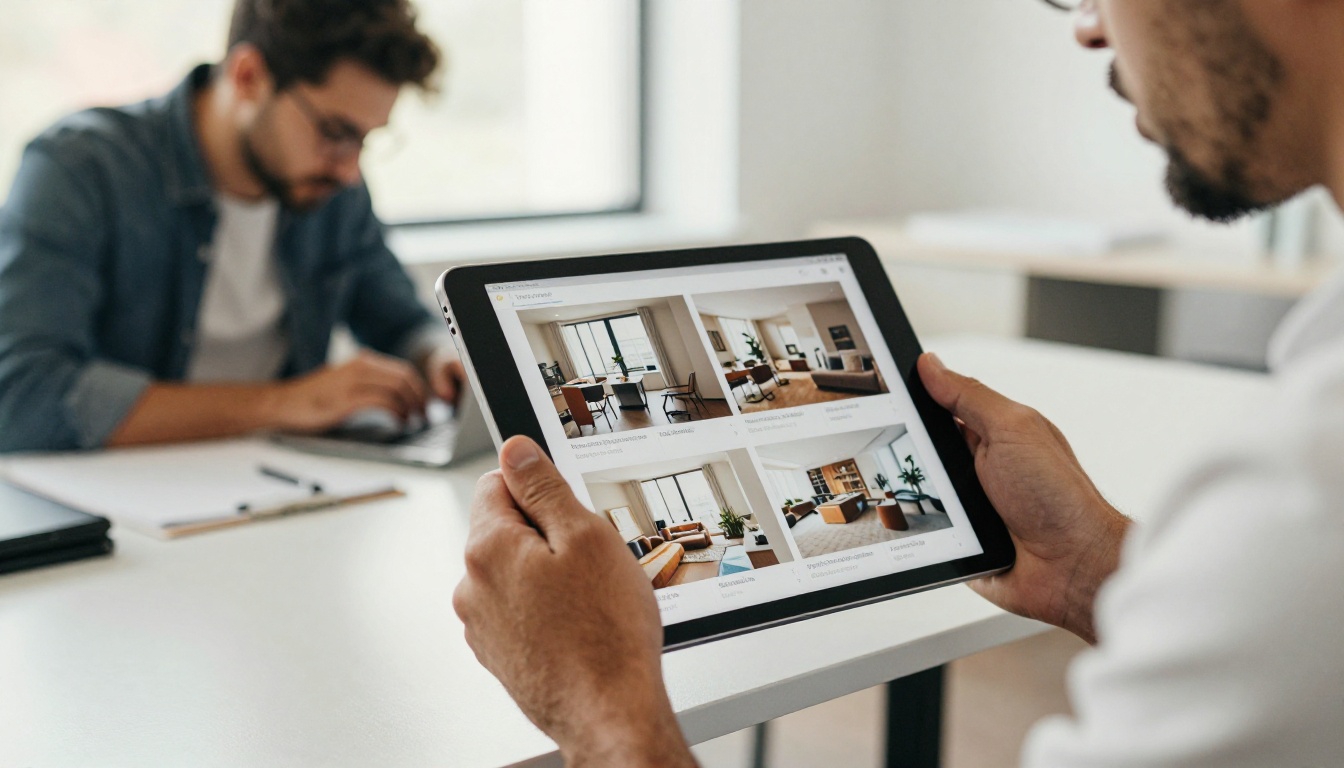 Male creative professional presenting portfolio flipbook on iPad to a client in a modern co-working space