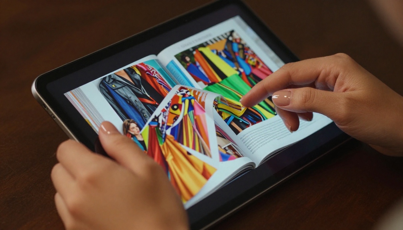 Close-up of female hands holding tablet showing dramatic page-turning animation of colorful fashion flipbook Close-up of female hands holding tablet showing dramatic page-turning animation of colorful fashion flipbook