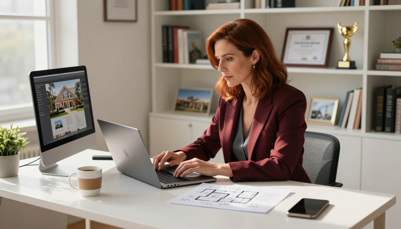 Professional female real estate agent at white desk creating digital property marketing content on dual monitors