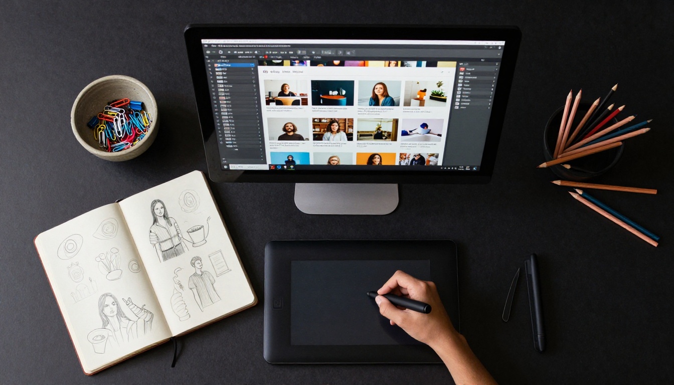 A graphic designer's overhead flat-lay workspace with sketchbook, monitor, Wacom tablet, and colored pencils on a dark desk A graphic designer's overhead flat-lay workspace with sketchbook, monitor, Wacom tablet, and colored pencils on a dark desk