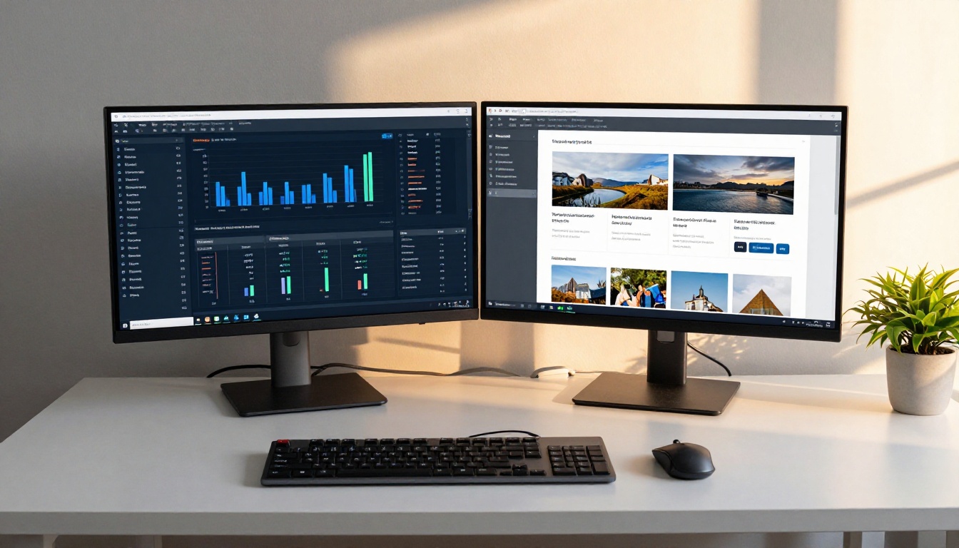 Dual monitor home office setup showing a portfolio analytics dashboard alongside an interactive flipbook