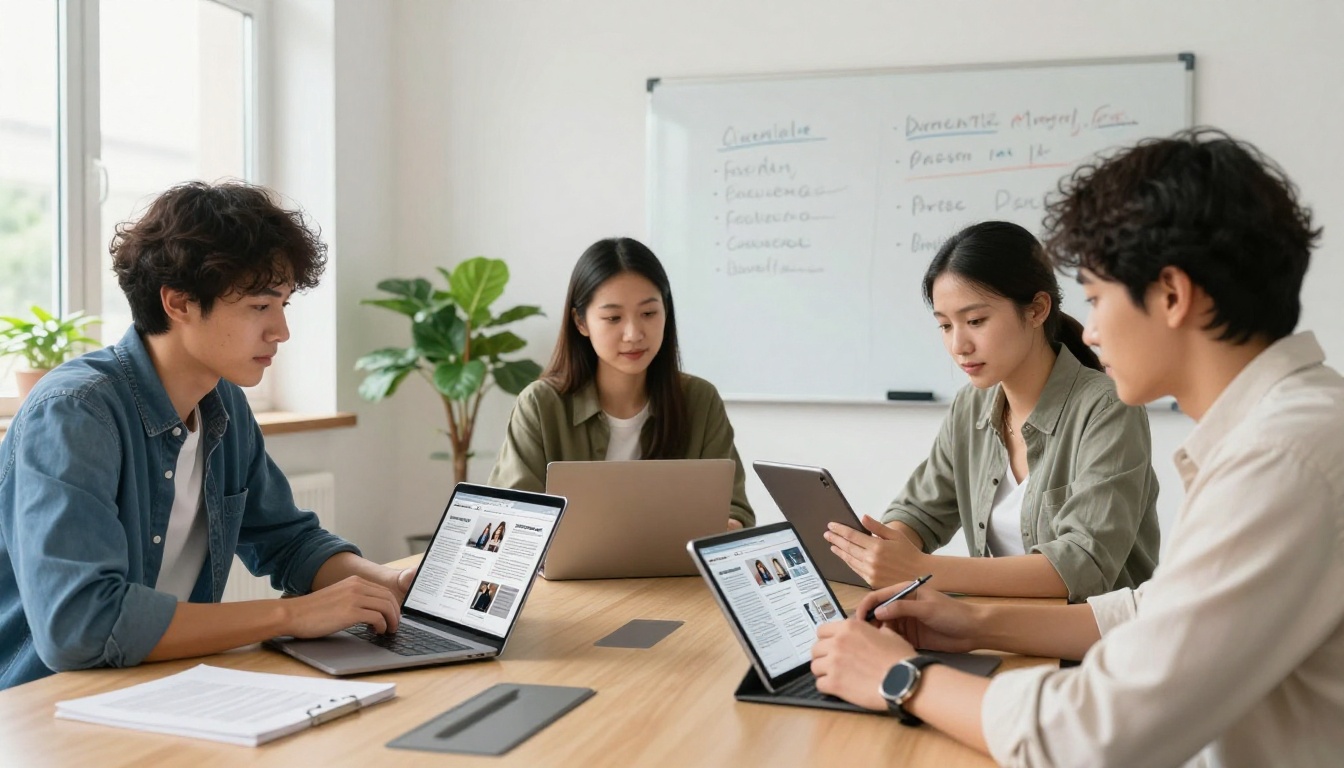 A diverse marketing team reviewing a digital brochure flipbook on laptop, tablet, and smartphone in a bright conference room A diverse marketing team reviewing a digital brochure flipbook on laptop, tablet, and smartphone in a bright conference room