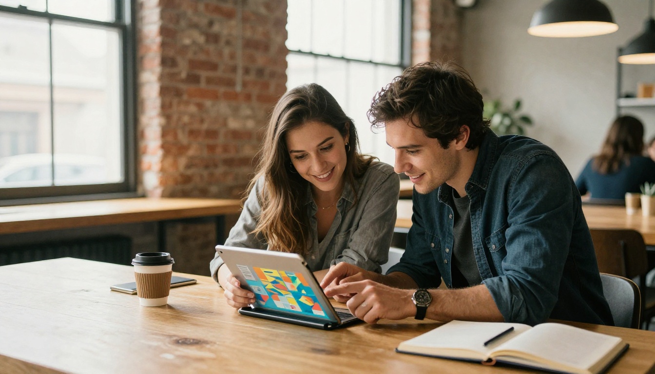 Two marketing professionals smiling and sharing an interactive flipbook on tablet in modern coworking space Two marketing professionals smiling and sharing an interactive flipbook on tablet in modern coworking space