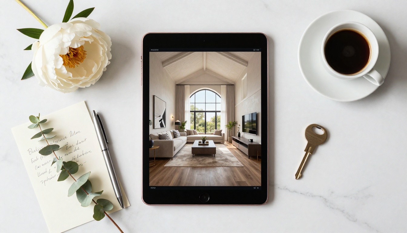 Elegant flat-lay of rose gold iPad showing real estate flipbook on white marble surface with peony and espresso