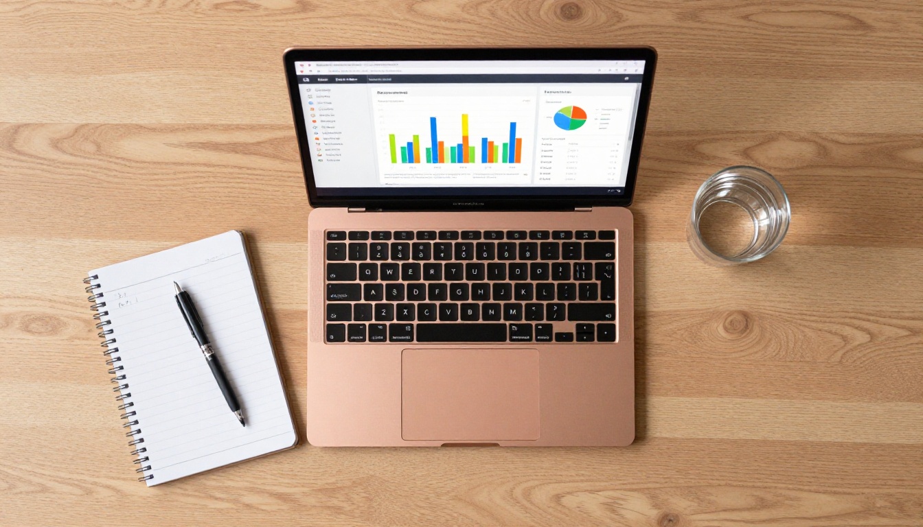 Aerial flat-lay view of rose gold MacBook showing analytics dashboard with engagement graphs on oak wood desk Aerial flat-lay view of rose gold MacBook showing analytics dashboard with engagement graphs on oak wood desk