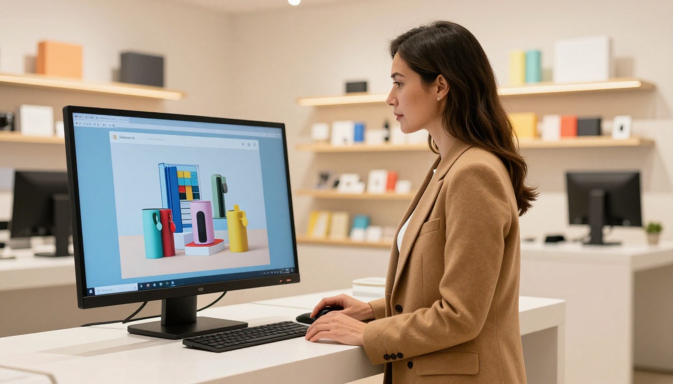 Retail professional in camel blazer browsing digital product catalog flipbook on large touchscreen in showroom Retail professional in camel blazer browsing digital product catalog flipbook on large touchscreen in showroom