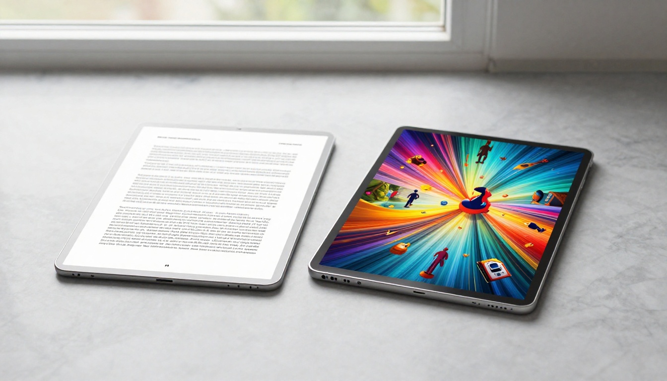 Two identical tablets on marble surface, left showing static PDF document, right showing colorful animated flipbook Two identical tablets on marble surface, left showing static PDF document, right showing colorful animated flipbook