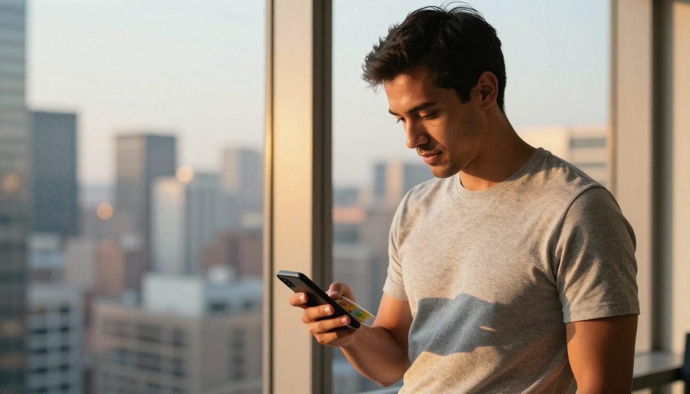 Professional man in grey t-shirt reading colorful flipbook on smartphone near floor-to-ceiling office window with city skyline Professional man in grey t-shirt reading colorful flipbook on smartphone near floor-to-ceiling office window with city skyline