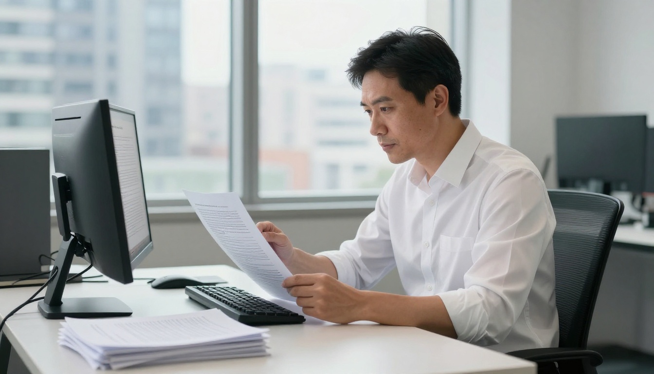 Businessman reviewing long static PDF document on desktop monitor in corner office Businessman reviewing long static PDF document on desktop monitor in corner office