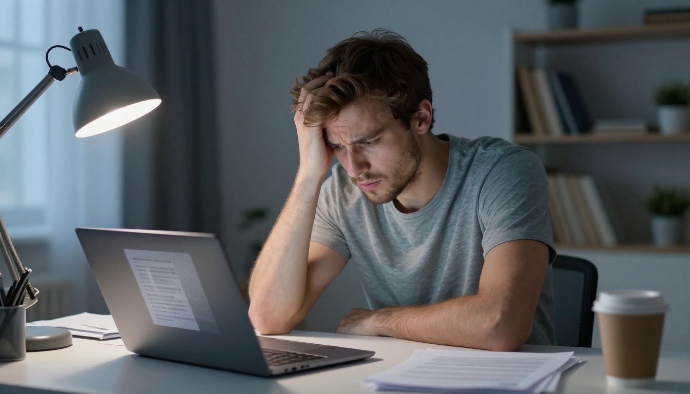 Frustrated man dealing with a watermarked PDF document at his cluttered desk Frustrated man dealing with a watermarked PDF document at his cluttered desk