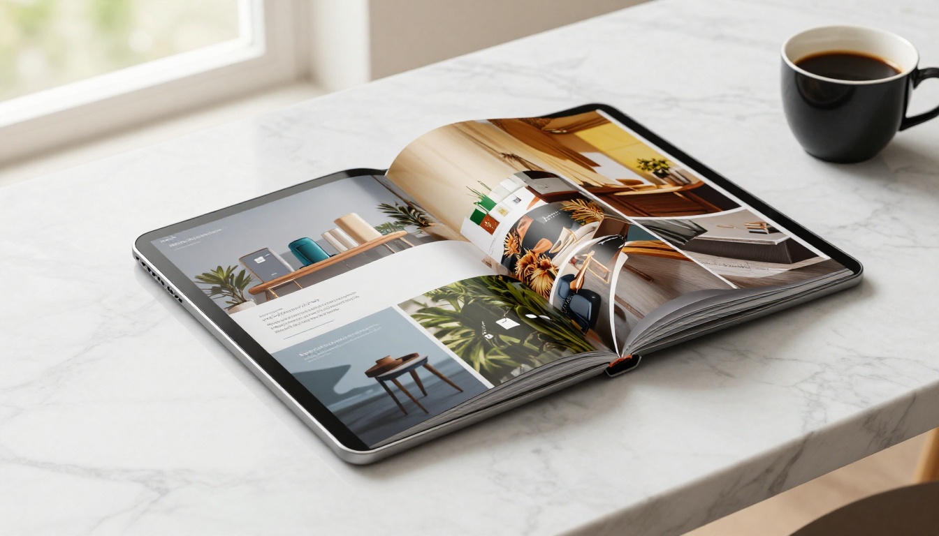 A tablet on a marble surface displaying a beautiful interactive flipbook with a page caught mid-turn A tablet on a marble surface displaying a beautiful interactive flipbook with a page caught mid-turn
