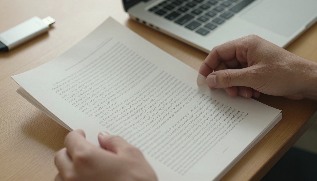 A pair of hands holding a printed manuscript next to a laptop on a wooden desk