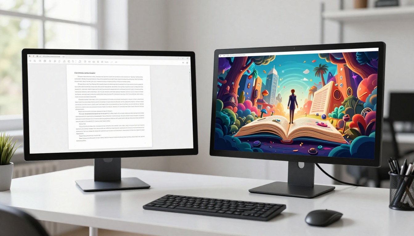 Dual monitor desktop comparing a static PDF on the left and a vibrant animated flipbook on the right Dual monitor desktop comparing a static PDF on the left and a vibrant animated flipbook on the right