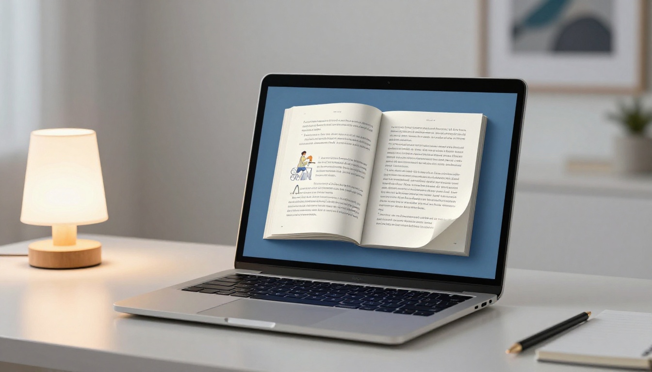 A modern laptop on a white desk displaying a digital flipbook mid-page-turn