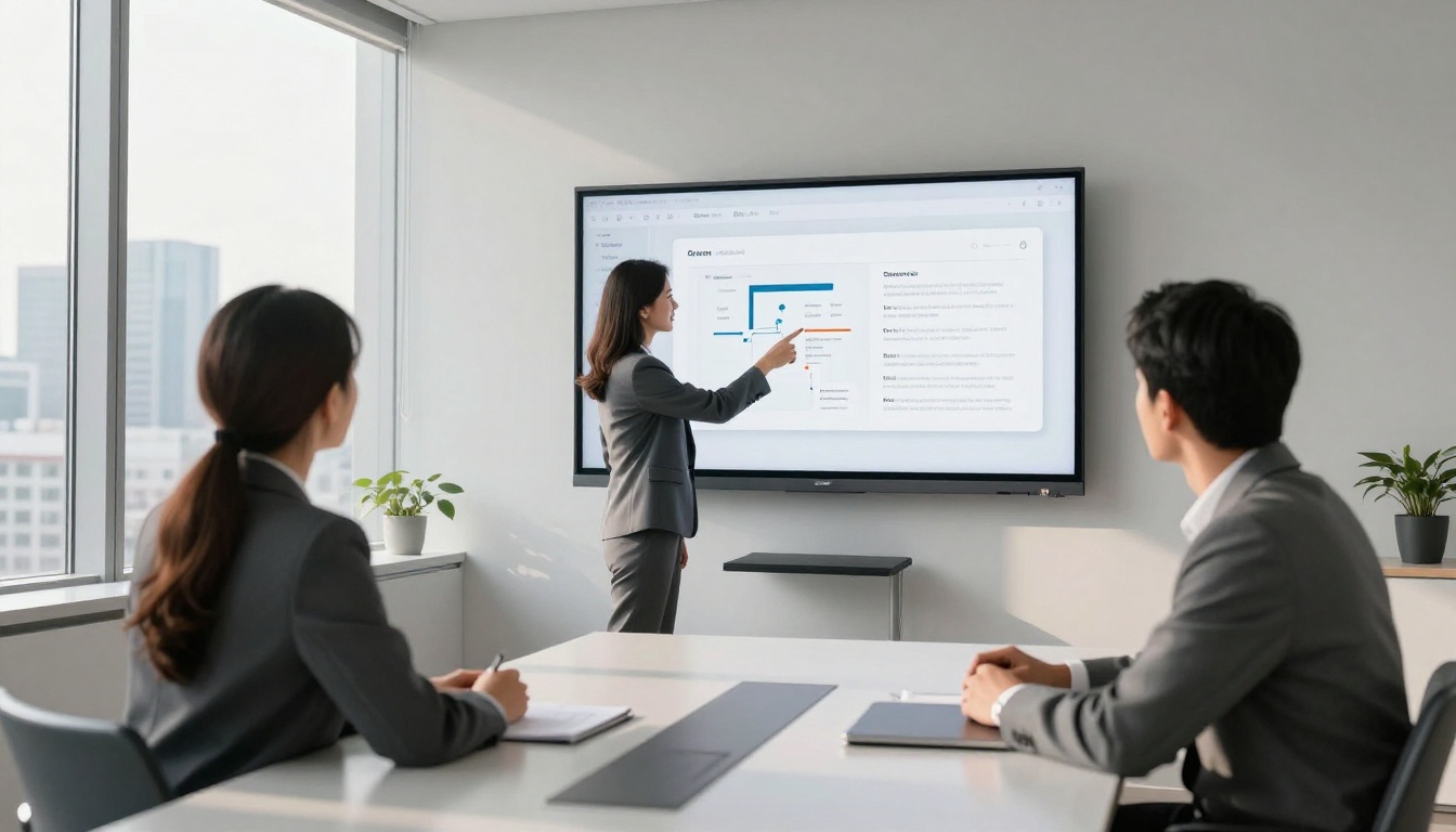 Business professional presenting an interactive flipbook on a boardroom wall screen to seated colleagues Business professional presenting an interactive flipbook on a boardroom wall screen to seated colleagues