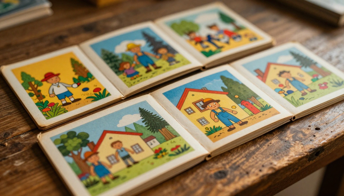 Physical flipbooks fanned out on a wooden table showing sequential pages and worn paper texture