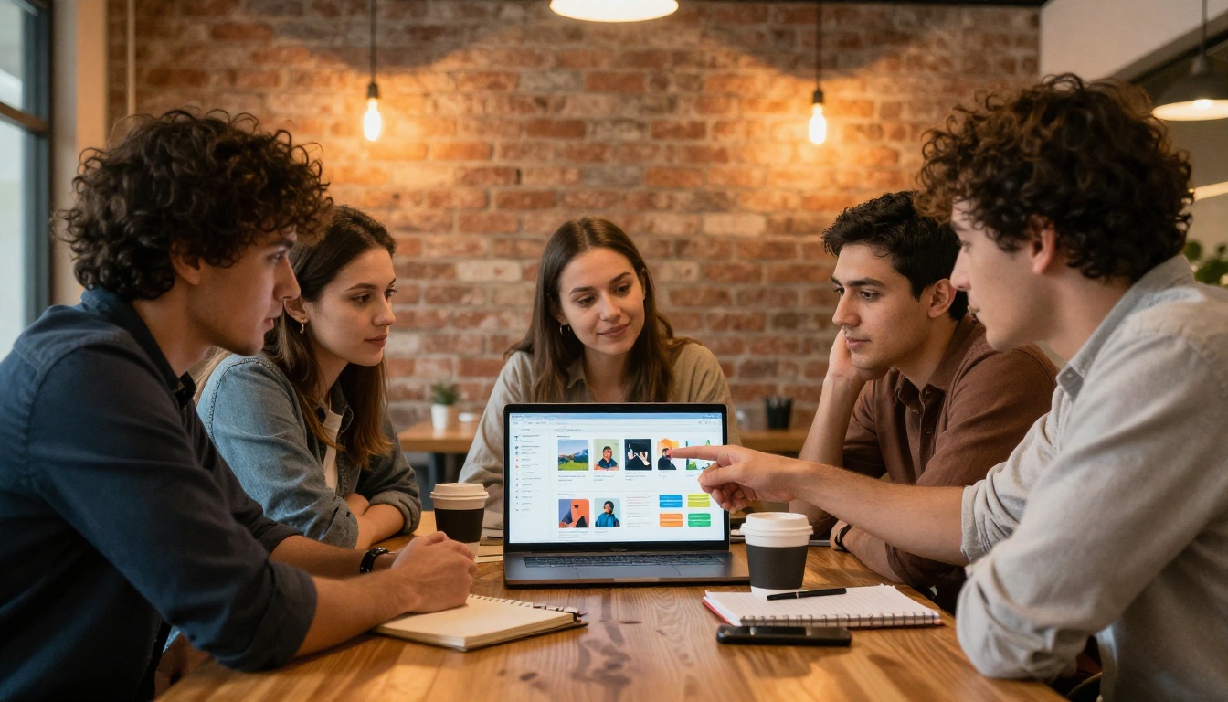 Small marketing team gathered around a laptop reviewing a colorful digital catalog flipbook in a creative office Small marketing team gathered around a laptop reviewing a colorful digital catalog flipbook in a creative office