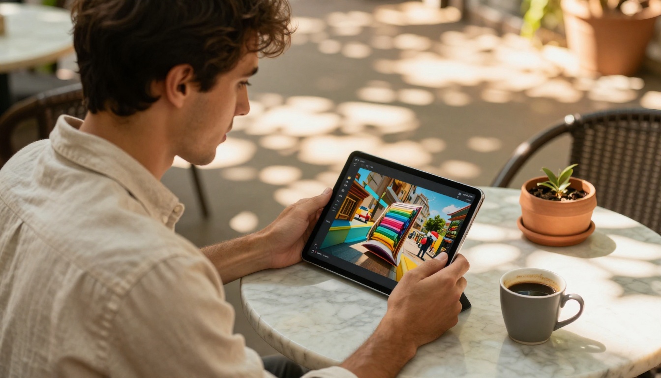 Young professional browsing a digital flipbook on a tablet at an outdoor cafe with dappled sunlight