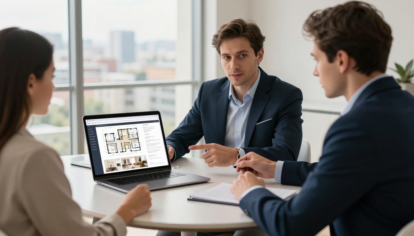 Real estate agent presenting interactive property brochure flipbook to clients Real estate agent presenting interactive property brochure flipbook to clients
