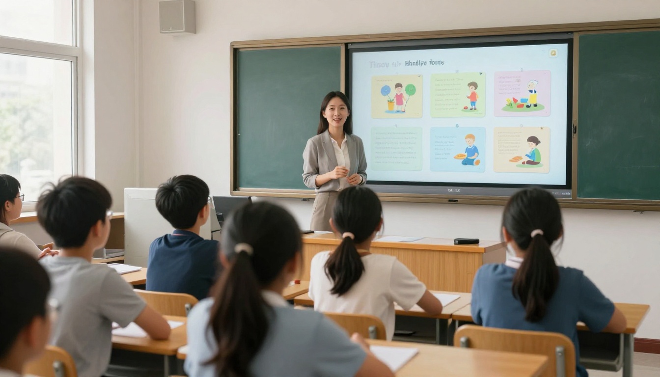 Teacher in a modern classroom standing beside an interactive whiteboard showing a digital educational flipbook Teacher in a modern classroom standing beside an interactive whiteboard showing a digital educational flipbook