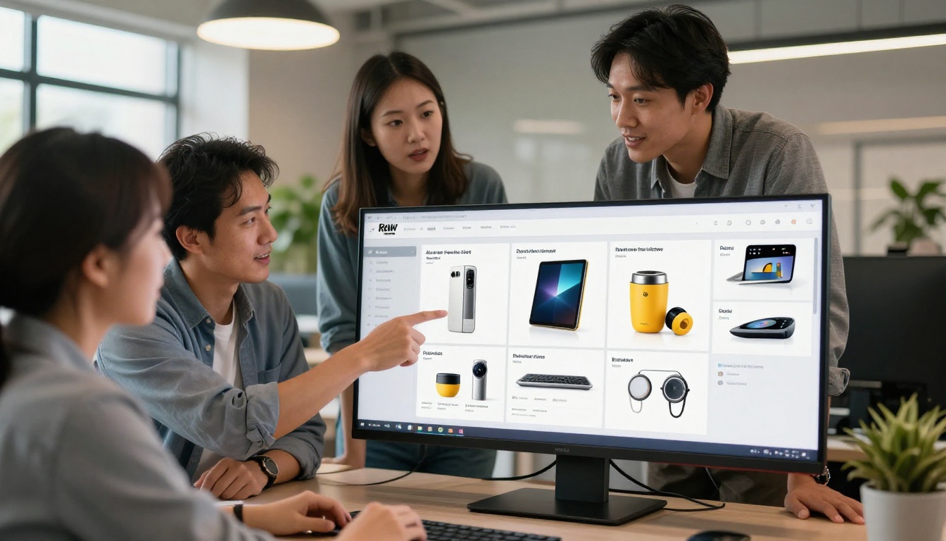 Business team gathered around a large monitor reviewing a digital product catalog flipbook together