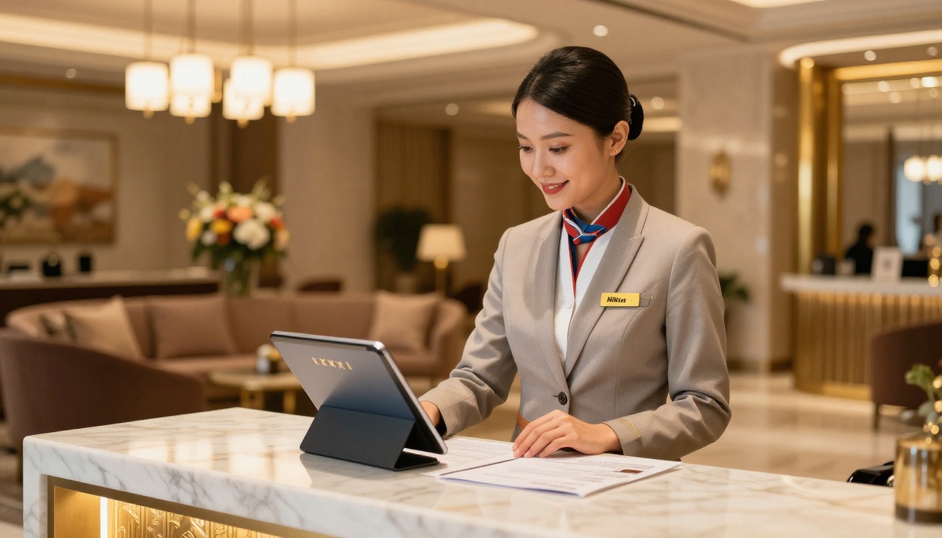 Hotel concierge showing digital brochure flipbook on a tablet at the reception desk Hotel concierge showing digital brochure flipbook on a tablet at the reception desk