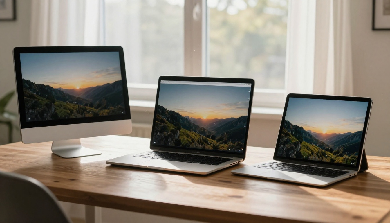 Three devices side by side showing the same digital flipbook on desktop, laptop, and tablet