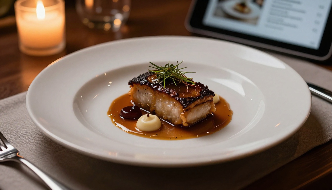 Elegant upscale restaurant setting with an iPad showing a digital flipbook menu beside a beautifully plated gourmet dish